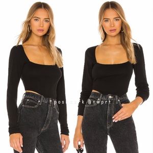H:OURS ✰ Square Neck Top Black Long Sleeve Cropped Tee T-Shirt Top XS